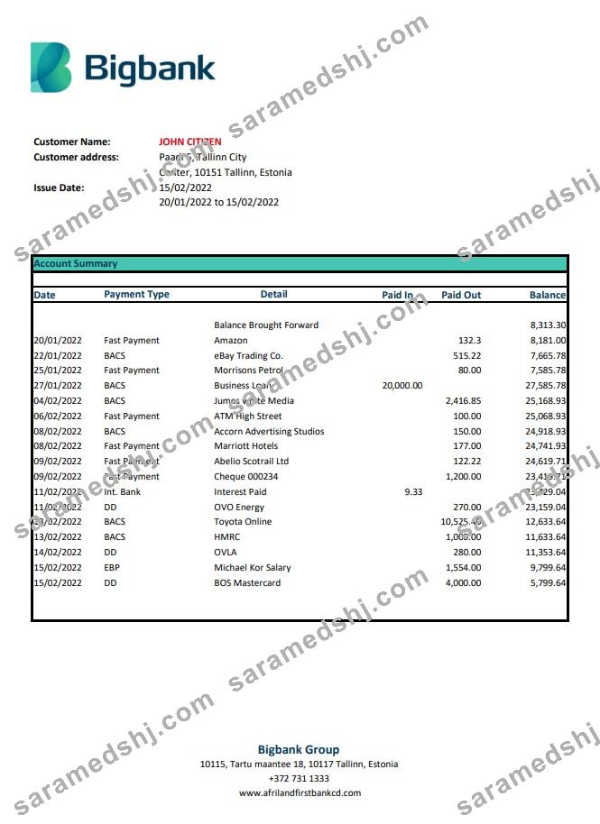 Estonia Bigbank bank statement